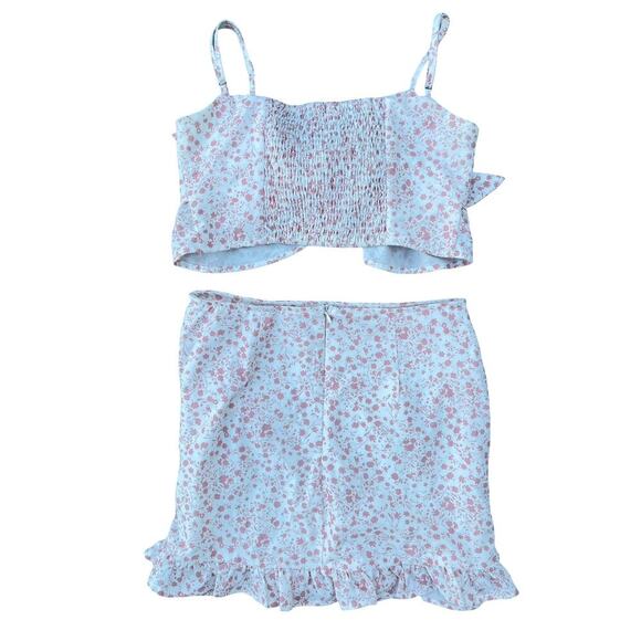 Mable Anthropologie Floral Ruffle Tie Front Crop Top Mini Skirt Set – Medium - Picture 3 of 14